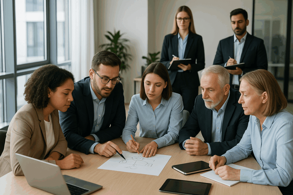 Assessment center munkakörnyezet: jelöltek együttműködése és HR értékelés modern irodában