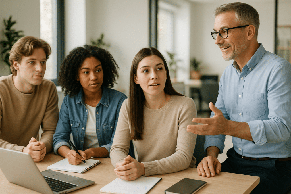 Fiatal kölcsönzött munkavállalók mentoráláson modern irodai környezetben.