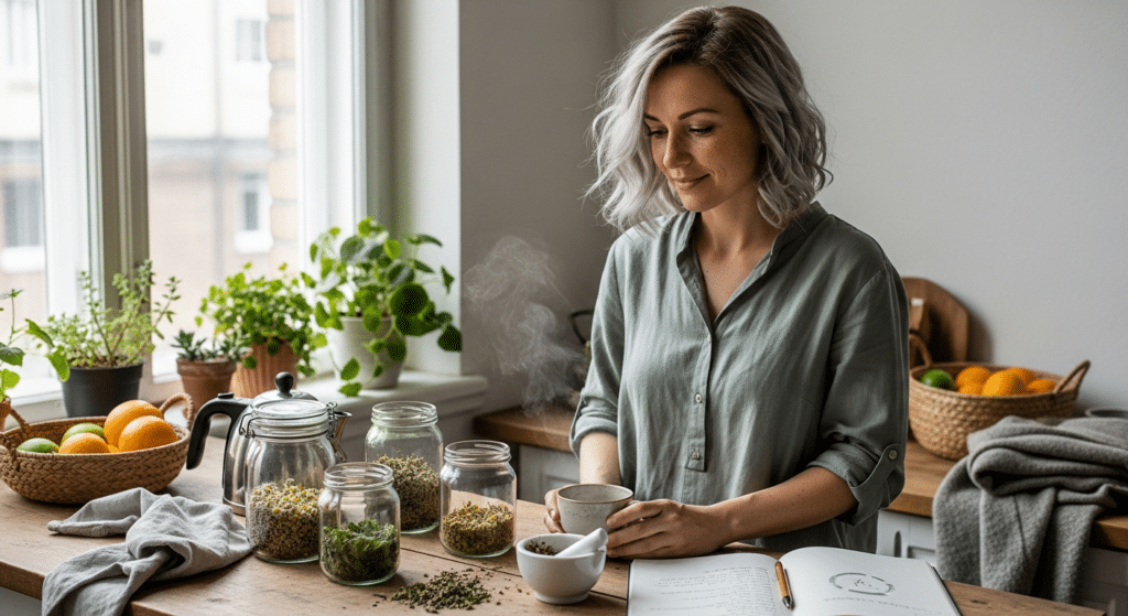 Nő készít gyógynövényes teát konyhában jegyzetekkel, gyógynövényekkel a termékenységért