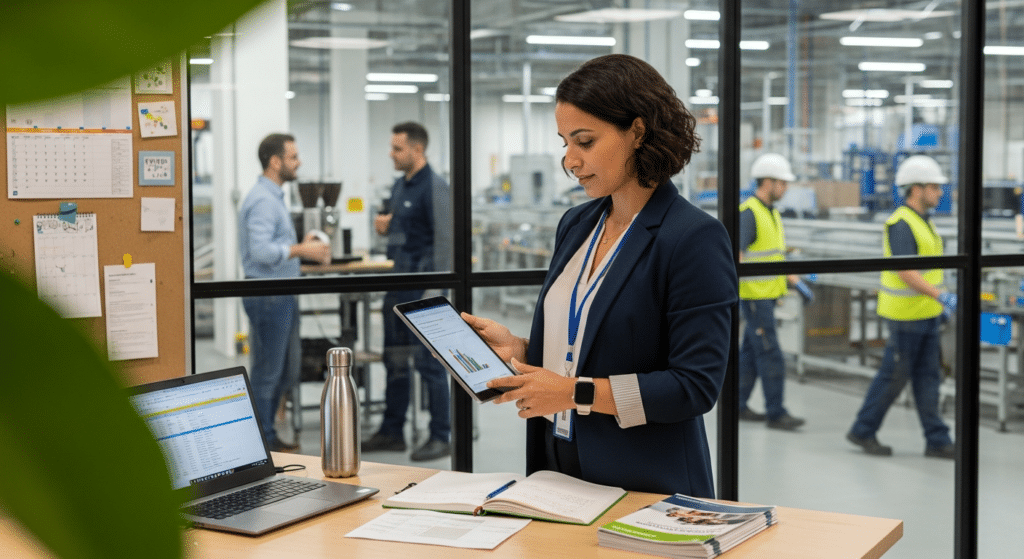 Női minőségbiztosítási szakember tabletet néz modern irodában, minőségbiztosítási állás versenyképes juttatásokkal