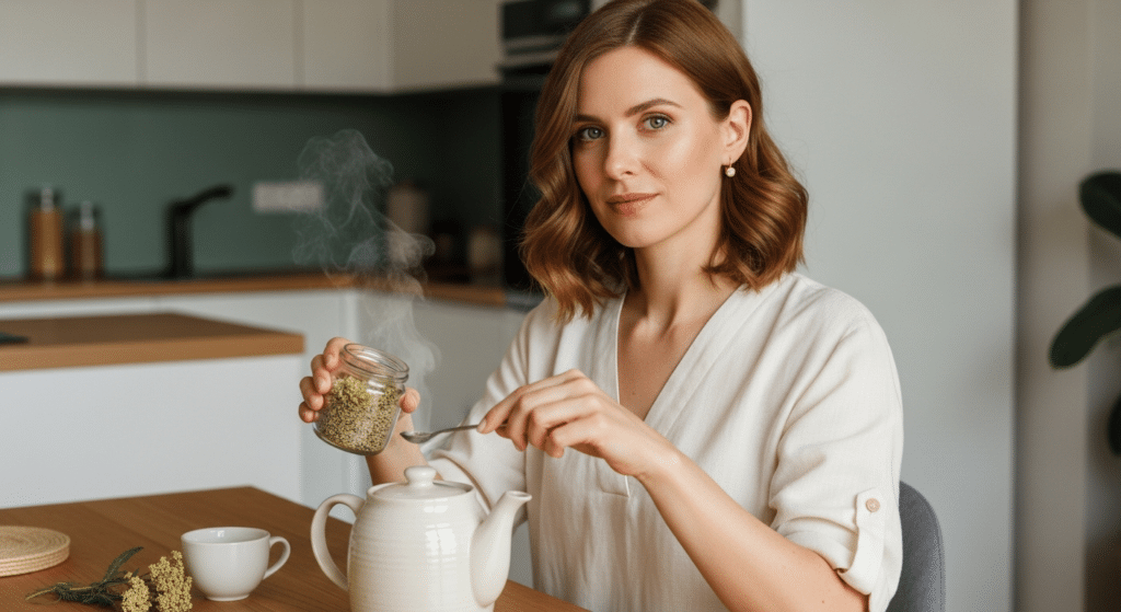 Női termékenység támogatása — nő készít gyógynövényes teát otthon