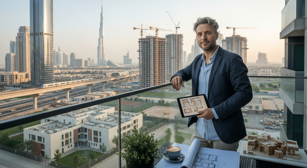ingatlan vásárlás Dubai-ban: európai befektető erkélyen, városképpel és építkezéssel